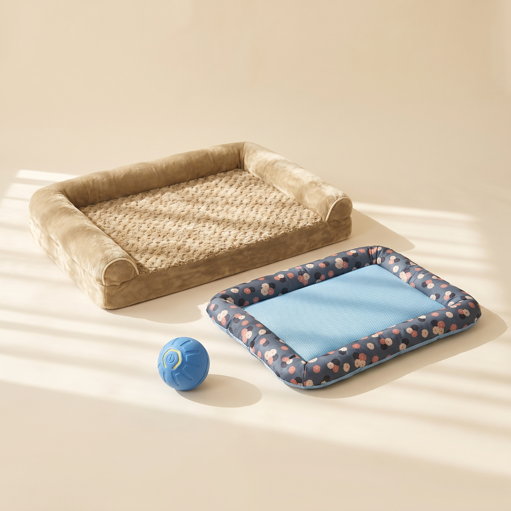 Las tres piezas del Kanino Kit — cama ortopédica, tapete refrescante y bola de juego — sobre fondo crema de estudio